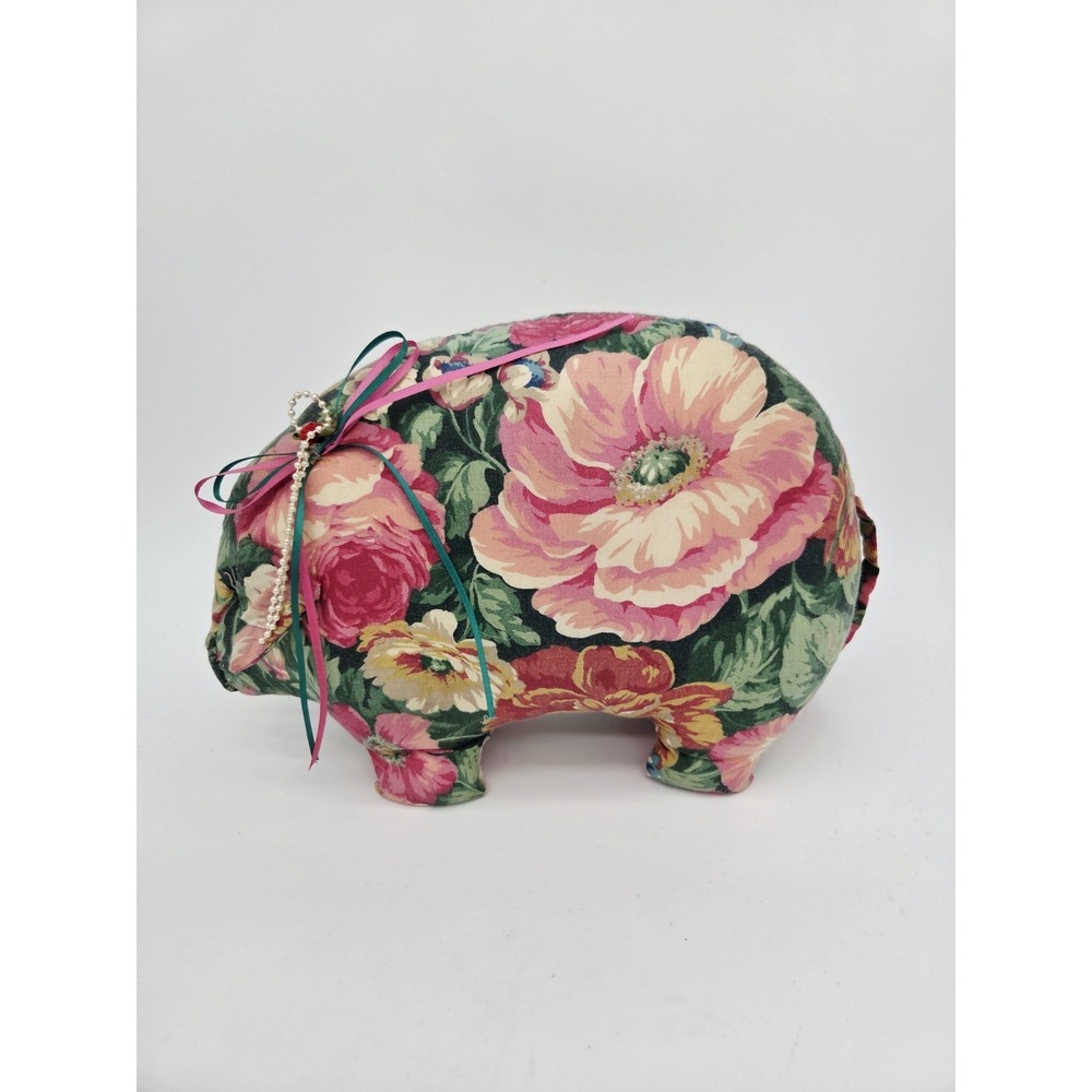 Vintage Handmade Floral Stuffed Pig Piggy Figural Flower 90s Pillow Bow Stands!